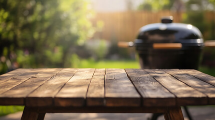 empty wooden table on blurred garden background with barbecue grill in summer