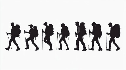 Silhouettes of hikers in motion, illustrating outdoor adventure and exploration.