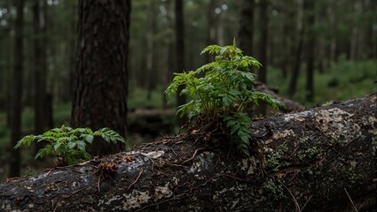 Obraz premium Life sprouting from decaying log in dense forest