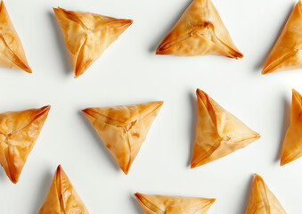 Naklejka premium Crispy golden phyllo triangles arranged in a seamless pattern on a white background for elegant snack or appetizer presentation