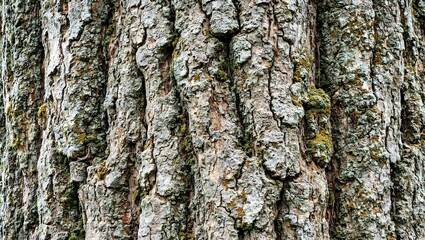 Obraz premium Detailed texture of old oak tree bark with moss