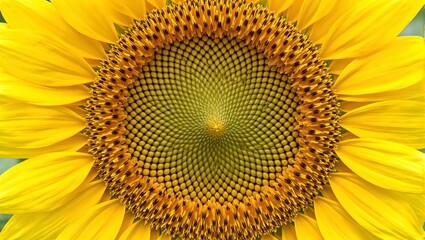 Close up of vibrant sunflower center with spiraling seeds and golden petals