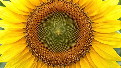 Close up of vibrant sunflower center with spiraling seeds and golden petals