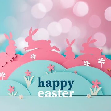 Easter greeting card. Pink silhouettes of bunnies hopping across pastel hills with the text Happy Easter