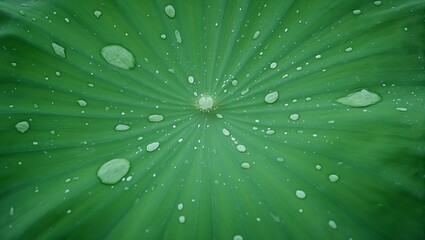 Close up of lotus leaf with circular patterns and water droplets on hydrophobic surface
