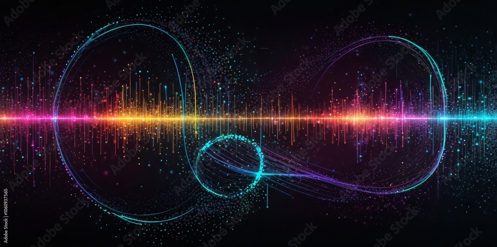 Wall mural big data neon background. technology ai round particles dots banner. artificial intelligence futuris