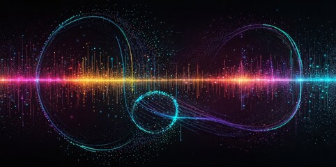 Fototapeta premium Big data neon background. Technology ai round particles dots banner. Artificial Intelligence futuristic swirl circle connect innovation design