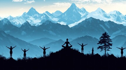 Fototapeta premium Silhouettes of Women Meditating in a Mountain Landscape