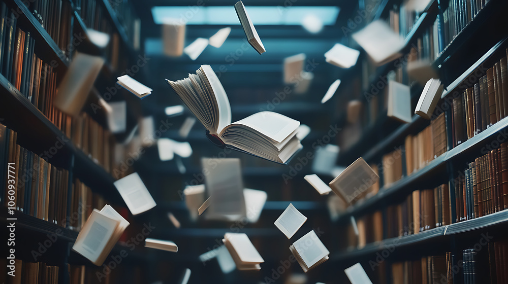 Poster flying open books in library