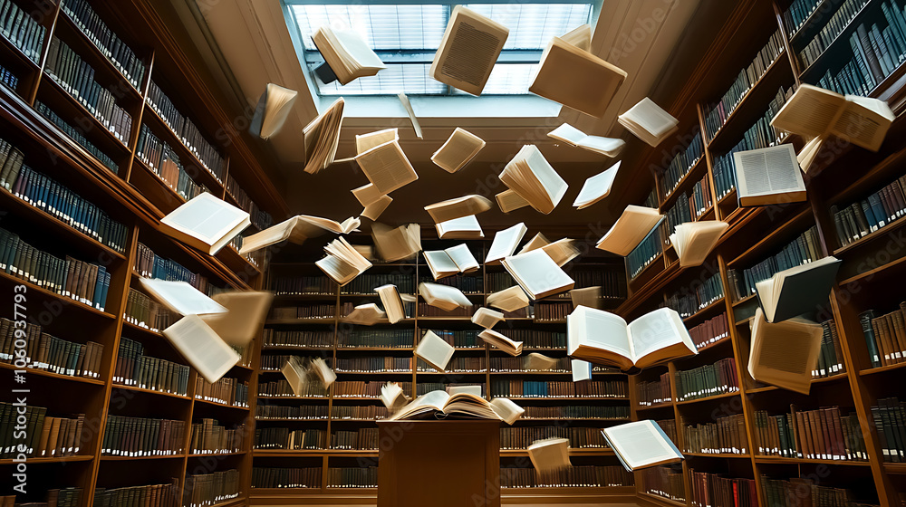 Poster flying open books in library