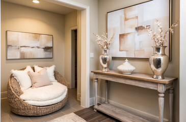 Cozy nook with a round snuggle chair, soft pillows, abstract art, and decorative vases in a neutral toned space. Shabby chic french country interior design of modern hall, home entryway