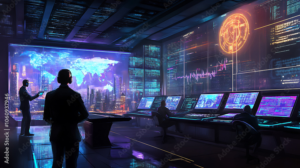 Leinwandbilder futuristic cybersecurity command center with high, tech displays and analysts