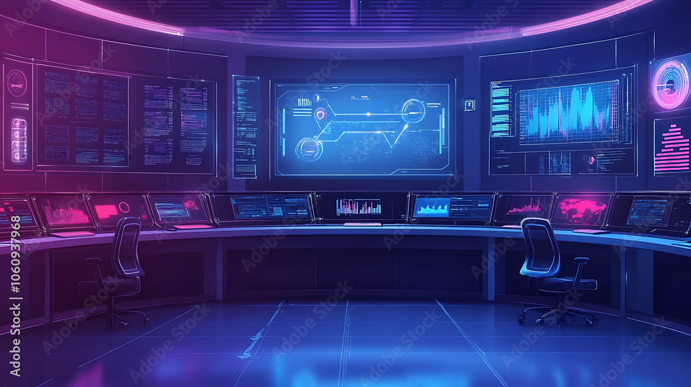 Aufkleber Futuristic cybersecurity command center with high, tech displays and analysts