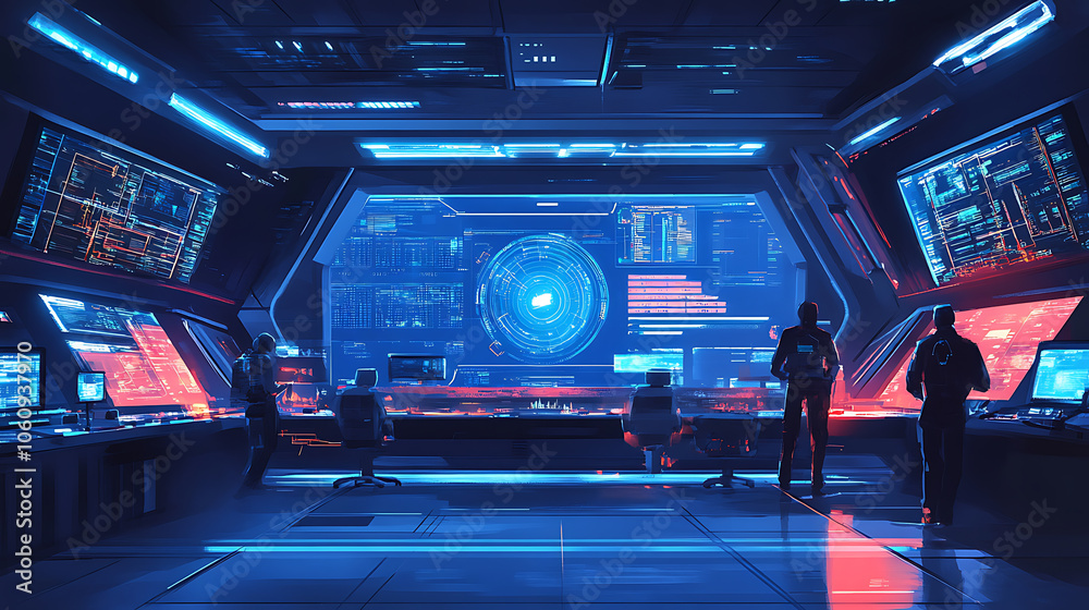 Aufkleber Futuristic cybersecurity command center with high, tech displays and analysts