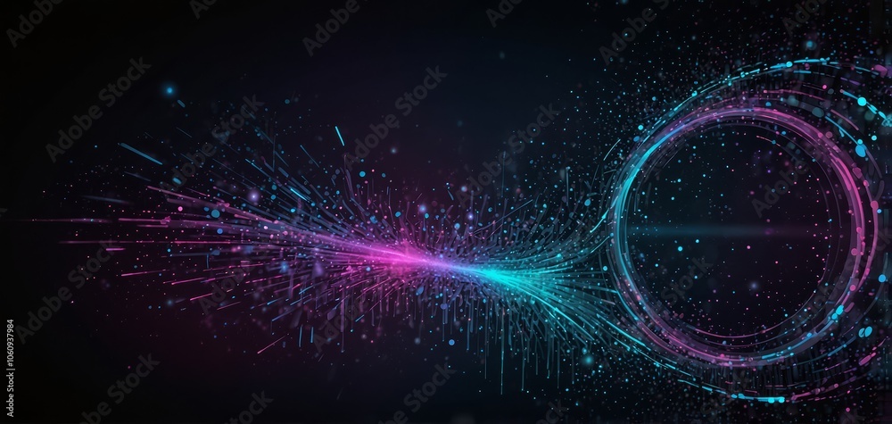 Wall mural big data neon background. technology ai round particles dots banner. artificial intelligence futuris