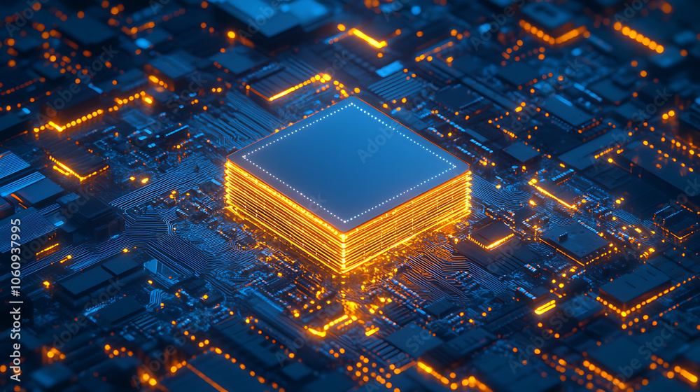 Poster Futuristic microchip processor with lights on the blue background. Quantum computer; large data processing; database concept. CPU isometric banner. Central Computer Processors CPU concept Digital chip