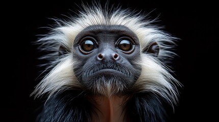 Obraz premium A curious black and white monkey with large brown eyes stares directly at the camera against a black background.