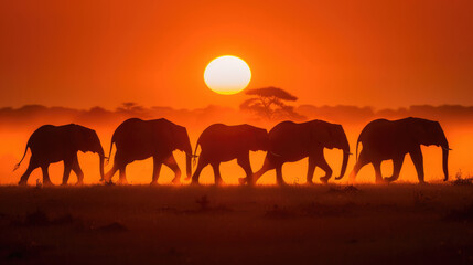 Fototapeta premium Elephants walking in silhouette at sunset over African savanna landscape during golden hour