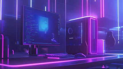 Obraz premium Gaming computer on desk in video gamer room with neon lights, Gaming PC monitor with abstract interface of computer game, Workstation of gaming streamer on table, Work station with neon cooler, Esport