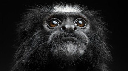 Fototapeta premium Close-up portrait of a curious black and white monkey with large brown eyes looking up against a black background.