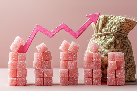 A cubes of sugar and a growth chart with an arrow pointing up. Copy space.The concept of the growth of the cost of sugar.