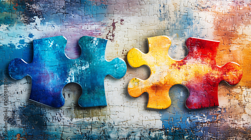 Poster Interlocking puzzle pieces with a watercolor texture, symbolizing connection and diversity in a colorful, abstract design