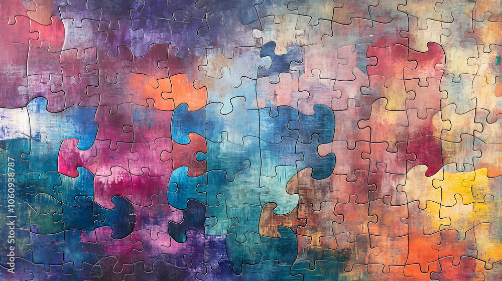 Poster interlocking puzzle pieces with a watercolor texture, symbolizing connection and diversity in a colo