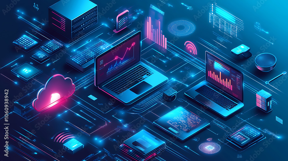 Poster Isometric illustration analysis big data and data stream, Digital datacenter, database, hosting server, cloud storage, PC storage, laptop workstation, Cyber security big data on hosting server, Vector