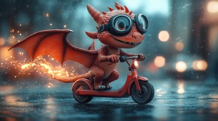 A cute, red dragon wearing goggles rides a scooter with a fiery tail.