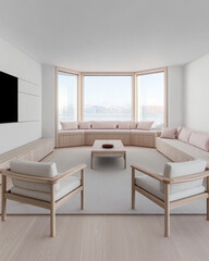 Fototapeta premium Modern minimalist living room with panoramic windows and serene mountain views