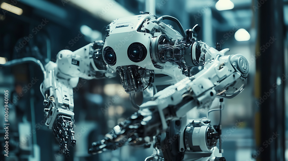Poster mechanized industry robot and robotic arms for assembly in factory production, concept of artificial