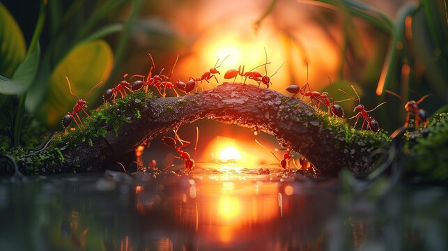 Team of ants constructing bridge over water on sunrise or sunset