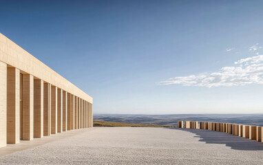 Modern architectural structure set against a clear blue sky overlooking a mountainous landscape
