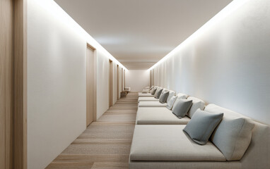 Modern relaxation area featuring minimalist design and comfortable seating in a tranquil setting