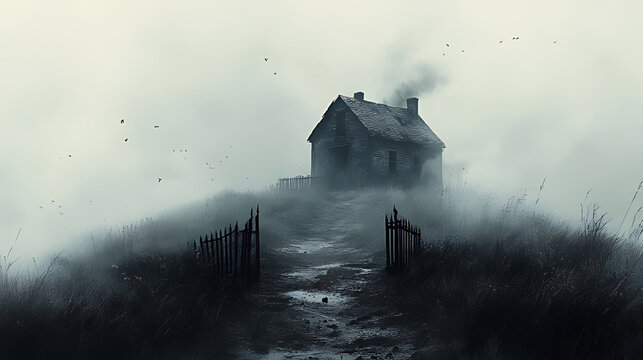 An old, abandoned house sits in a foggy field, with a path leading up to it and a gate that appears to be open.