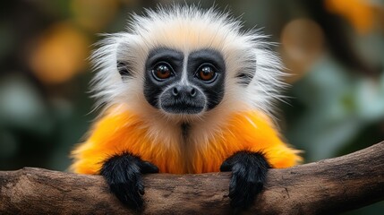 A cute, small, orange and white monkey with black hands and face, sitting on a branch and looking directly at the camera.