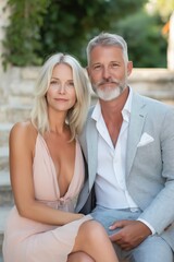 Obraz premium A man and a woman are sitting on a staircase, smiling at the camera. The man is wearing a gray jacket and the woman is wearing a pink dress. Scene is happy and lighthearted
