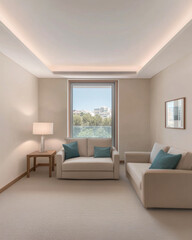Fototapeta premium Modern living room with large window and comfortable seating in a serene environment