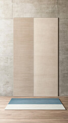 Neutral textured wall panels in a modern interior space with wooden flooring