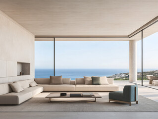 Fototapeta premium Modern coastal living room with ocean view and minimalist decor in bright daylight