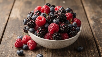 Fresh raspberries blackberries and blueberries in a ceramic bowl on wooden table