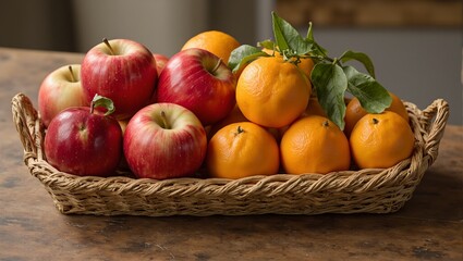 Farm fresh apples and oranges in a rustic basket on a kitchen counter