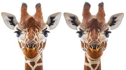 Close-up of Two Distinctive Giraffes on White Background Generative AI