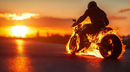 Motorbiker staying on burning motorcycle in sunset light