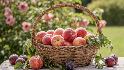 Fresh peaches and plums on a sunlit picnic table with peach leaves set against a blooming garden