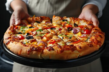 Fresh pizza on black board held by hands, melted cheese, herbs, close-up of vibrant toppings