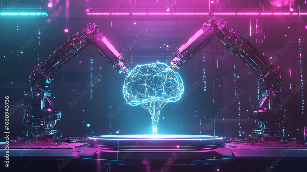Leinwandbilder neural network or artificial intelligence in industry 4, 0, robotic arms creates neural network on p