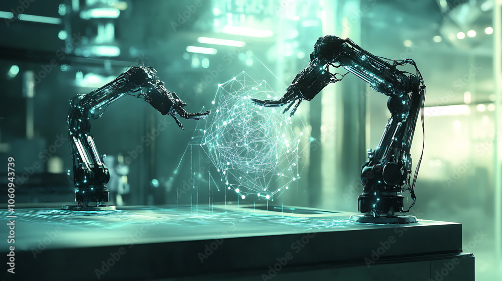 Aufkleber Neural network or artificial intelligence in industry 4, 0, Robotic arms creates neural network on podium in virtual reality, Industrial revolution, Concept of futuristic industry technology