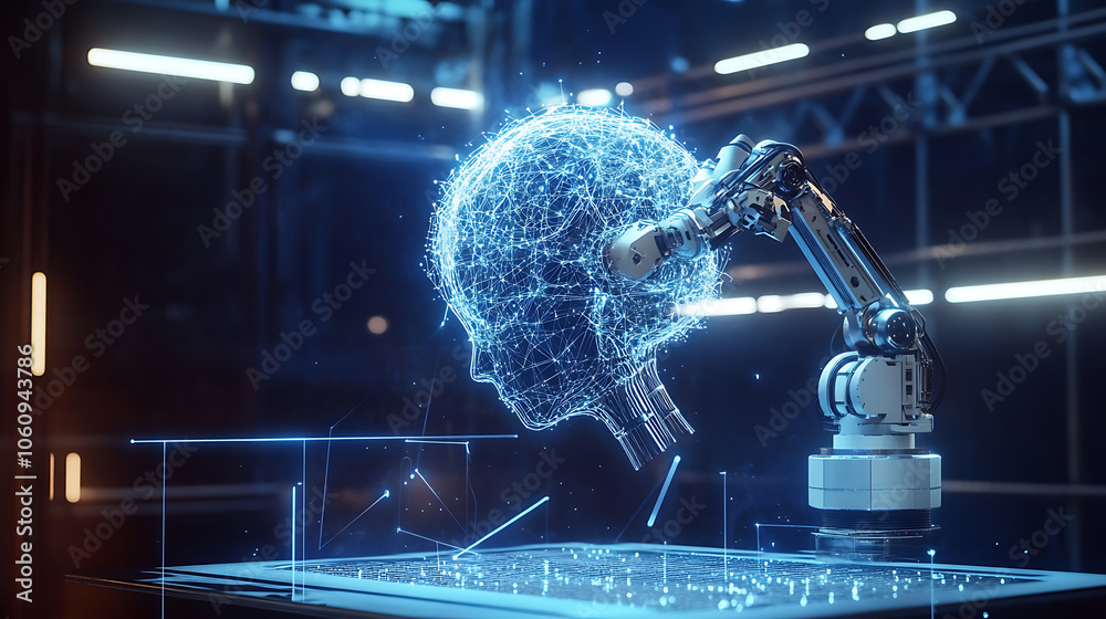 Poster Neural network or artificial intelligence in industry 4, 0, Robotic arms creates neural network on podium in virtual reality, Industrial revolution, Concept of futuristic industry technology