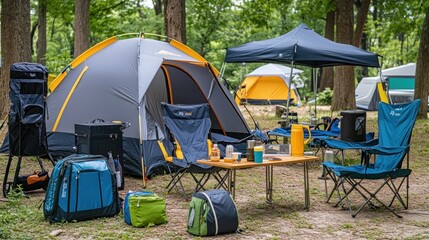 A campsite with a large tent, chairs, a table, and camping gear.
